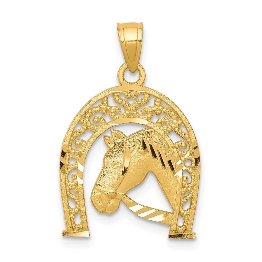 10k Yellow Gold Equestrian Fine Jewelry Horseshoe Horse Necklace Charm Pendant